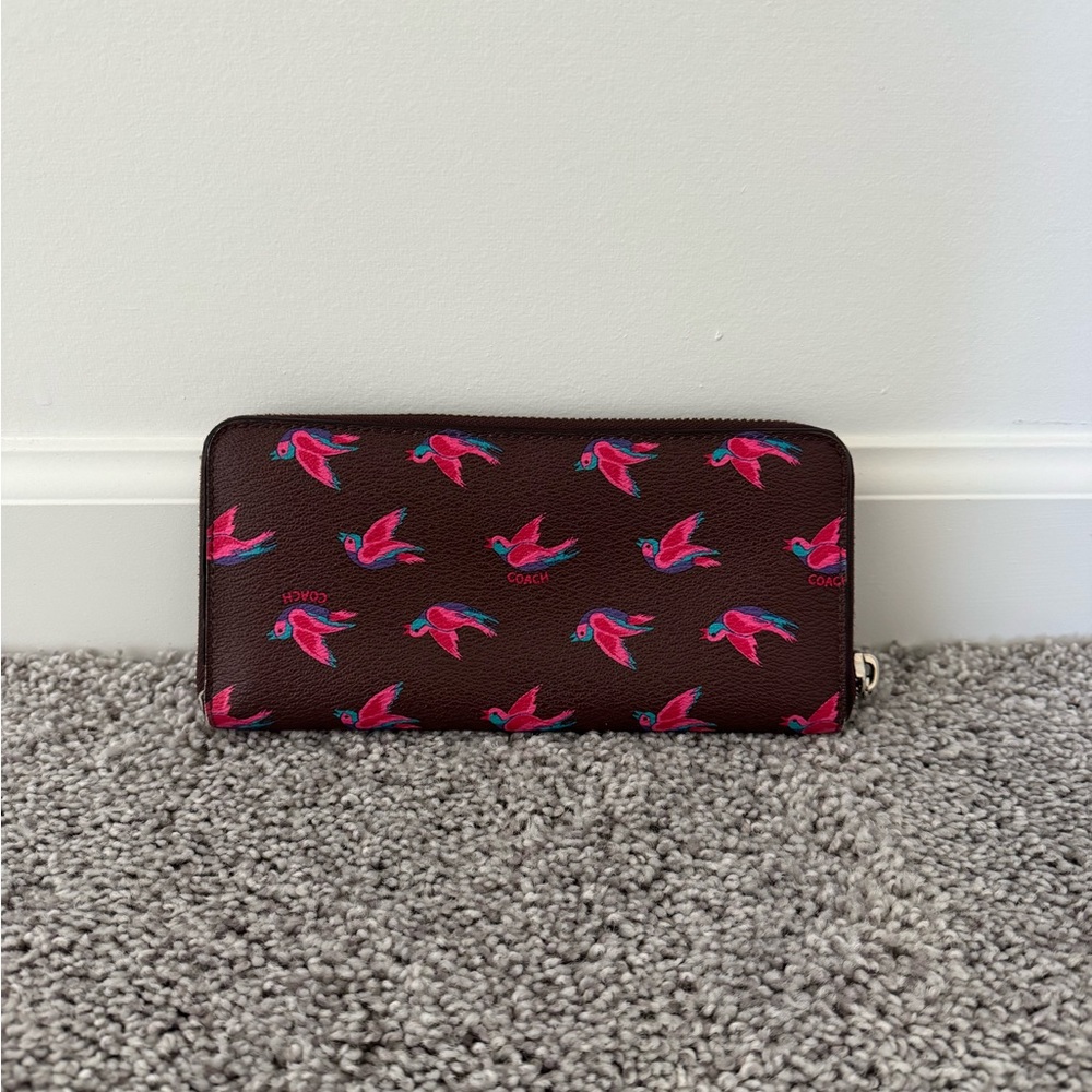 Coach Dark Brown Wallet with Pink and Blue Bird Pattern - Picture 2 of 9
